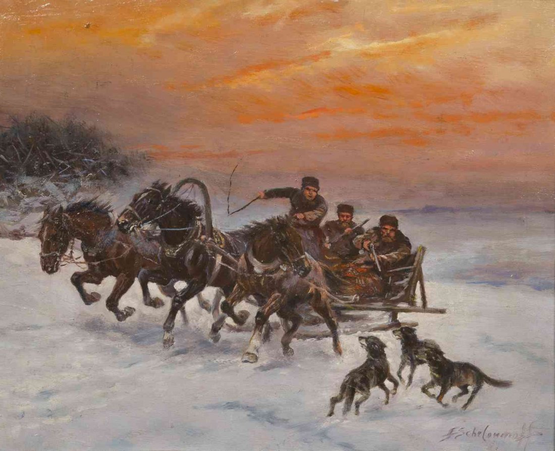 Athanas Ivanovich Scheloumoff, (Ukrainian, 1892-1983),: Athanas Ivanovich Scheloumoff (Ukrainian, 1892-1983) The Wolves at Sunset oil on board signed A. Scheloumoff (lower right) 9 1/2 x 11 3/4 inches.