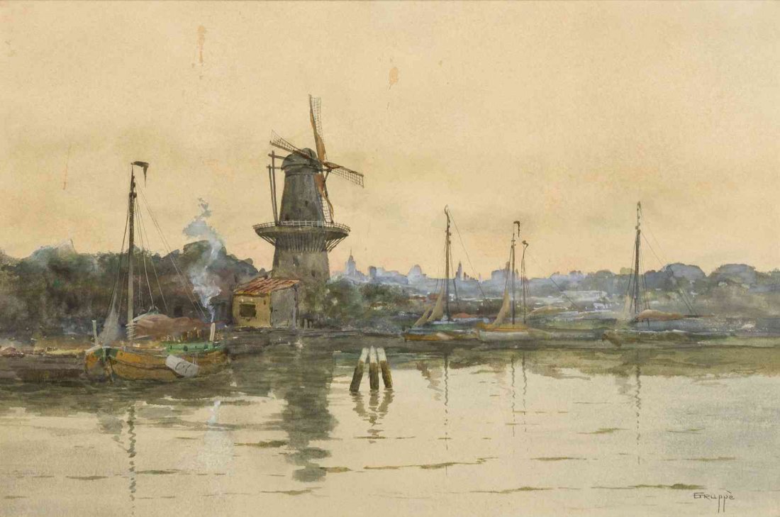 Charles Paul Gruppe, (American, 1860-1940), Windmill: Charles Paul Gruppe (American, 1860-1940) Windmill watercolor signed Gruppe (lower right) 12 1/4 x 18 inches.