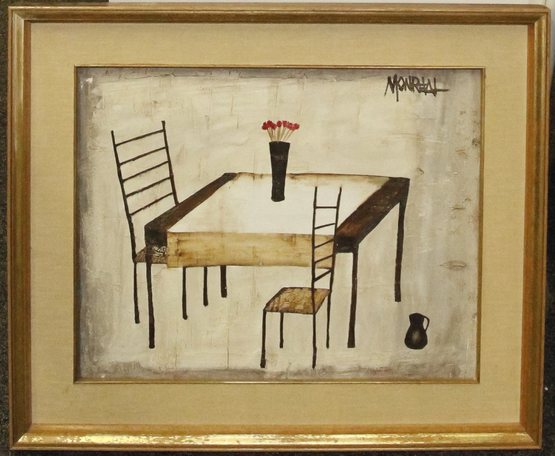Andres Monreal, (Chilean, 20th century), Interior: Andres Monreal (Chilean, 20th century) Interior oil on canvas signed Monreal (upper right), signed (verso) 16 1/4 x 20 inches. Property from the Collection of Mr. Robert Saichek, Linc
