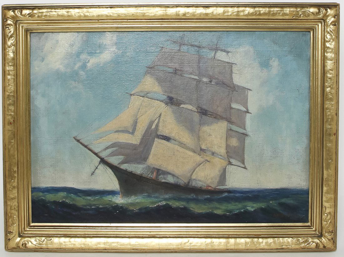 Artist Unknown, (20th century), Tall Ship: Artist Unknown (20th century) Tall Ship oil on canvas signed illegibly (lower right) 13 1/2 x 19 1/2 inches.