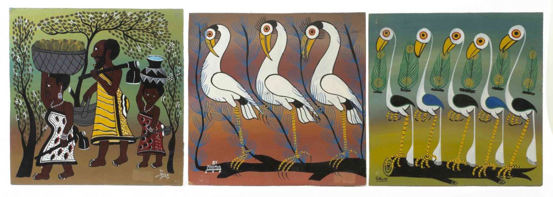 Four Tinga Tinga Paintings on Fiber Board, Height of: Four Tinga Tinga Paintings on Fiber Board, each by various artists depicting birds and animals, one with figures. Height of tallest 24 x width 24 inches. Property from the Collection of Gerald F. Glae