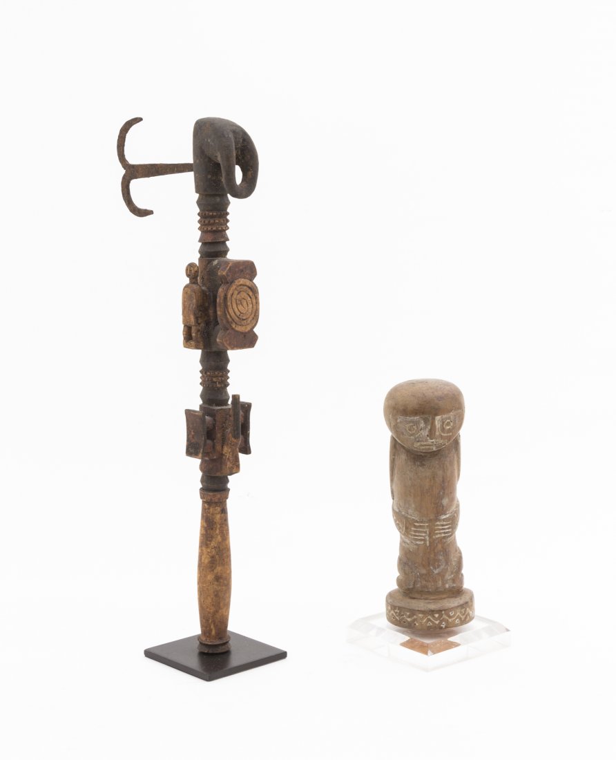 Two African Carved Wood Objects, Height of first 15 1/4: Two African Carved Wood Objects, comprising a weapon with a hammered steel blade and a figural handle. Height of first 15 1/4 inches. Property from the Estate of Jeanne Marienthal Westcott, Chicago, I