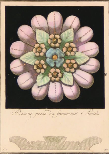Antonini (Italian, 18th century): Antonini (Italian, 18th century) Group of four engravings depicting rosettes, dated from 1774hand colored engraving7 x 5 inches.