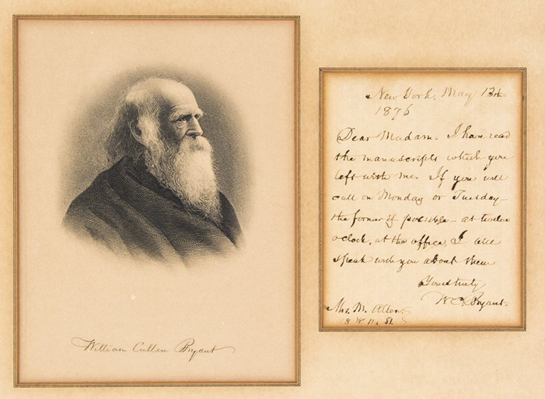 BRYANT, WILLIAM CULLEN. ALS (W.C. Bryant"), New York,: BRYANT, WILLIAM CULLEN Autographed letter signed ("W.C. Bryant"), New York, May 13, 1876. American poet and editor, Bryant writes to Mrs. M. Allen indicating that he has "read the manuscripts [she] le