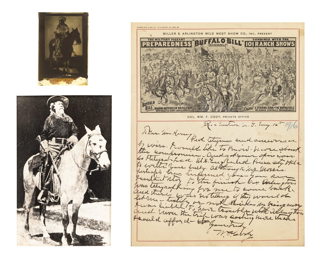 (BUFFALO BILL) CODY, WILLIAM. ALS (W.F. Cody"), 1 pg.,: (BUFFALO BILL) CODY, WILLIAM Autographed letter signed (ôW.F. Codyö), one page, on personal "Buffalo Bill" letterhead, Rochester, NY, July 16, [1916]. To his attorney, Henry Hersey. Framed and matte