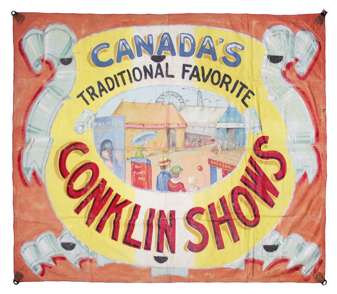 (CIRCUS) JOHNSON, FRED. Canada's Traditional Favorite: (CIRCUS) JOHNSON, FRED Canada's Traditional Favorite Conklin Shows, c. 1950. Circus banner depicting a traditional theme park surrounded by Conklin banner. Paint on canvas, signed lower right by Johns