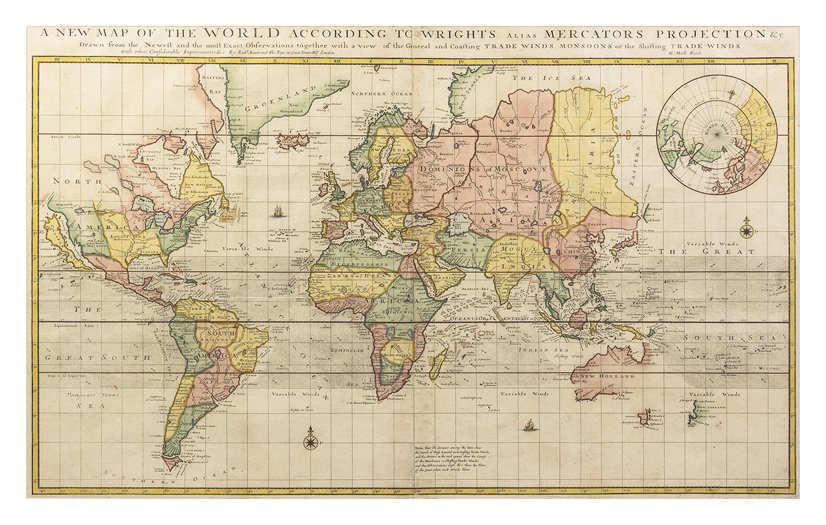 (MAP) MOLL, HERMAN. A New Map of the World according to: (MAP) MOLL, HERMAN A New Map of the World According to Wright's Mercator's Projection. London, 1705. Engraved double-sheet map with hand-coloring. Framed and matted. 23 x 37 inches.