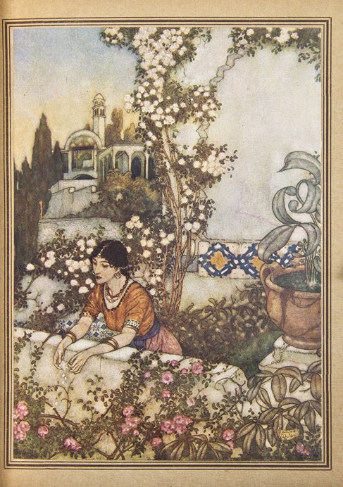 FITZGERALD, EDWARD. Rubaiyat of Omar Khayyam.: FITZGERALD, EDWARD Rubaiyat of Omar Khayyam. Illustrated by Edmund Dulac. [London]: Hodder and Soughton, n.d. 8vo, bound by Sangorski and Sutcliffe in full tan crushed morocco, gilt centerpiece, blind