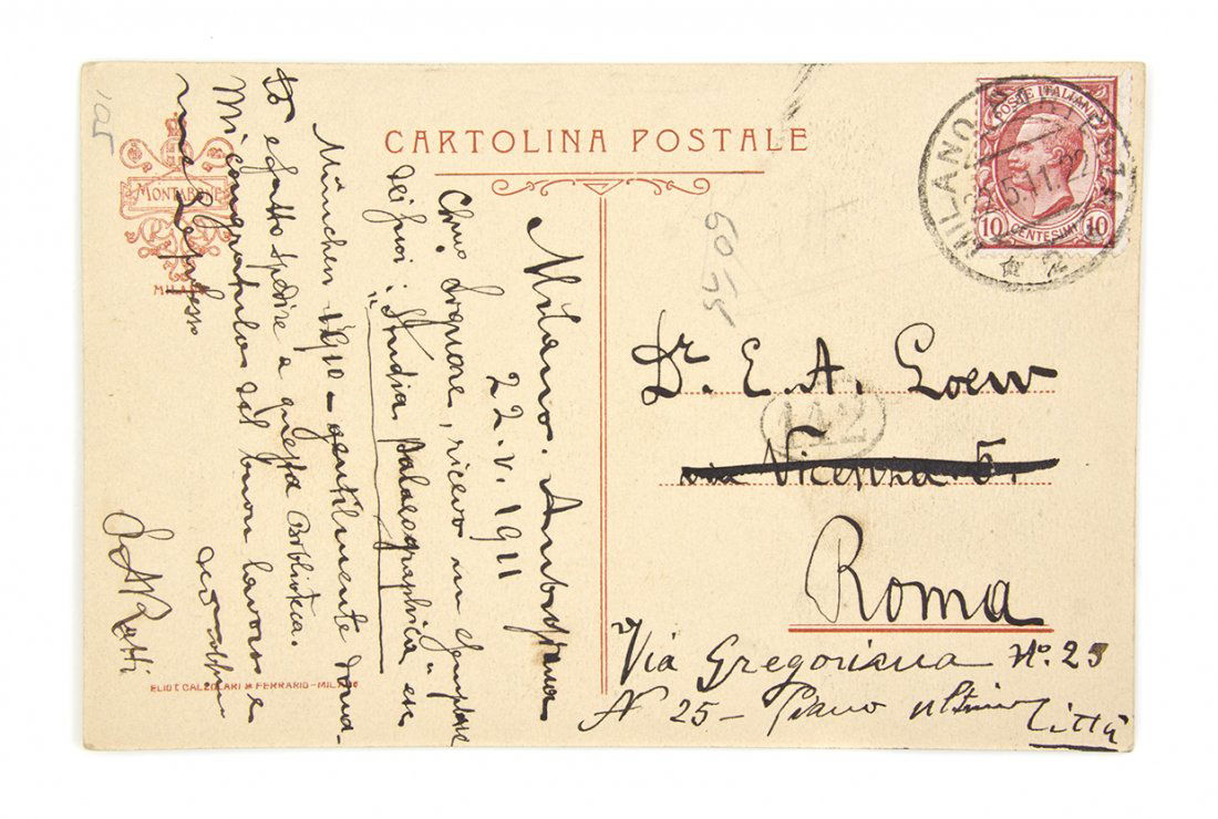 POPE PIUS XI (AMBROGIO RATTI). Autographed note signed: POPE PIUS XI (AMBROGIO RATTI) Autographed note signed ("A. Ratti"), on Biblioteca Ambrosiana postcard, Milan, May 22, 1911. Pope Pius XI writes to Dr. E.A. Loew, "Dear Sir, I have received a copy of y