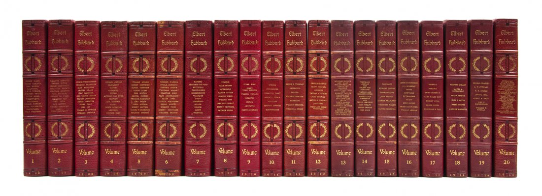 (ROYCROFT PRESS) HUBBARD, ELBERT. The Complete: (ROYCROFT PRESS) HUBBARD, ELBERT The Complete Writings. East Aurora, NY: Roycroft, 1908. 20 vols. 4to, original 3/4 blind-stamped red morocco, gilt-lettered spines, t.e.g. Author's edition, number 943