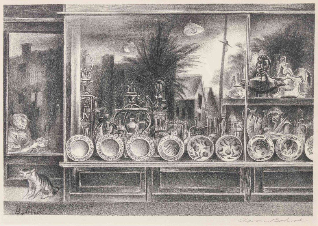 Aaron Bohrod, (American, 1907-1992), Reflections in a: Aaron Bohrod (American, 1907-1992) Reflections in a Shop Window lithograph signed Aaron Bohrod (lower right) 9 1/8 x 13 1/4 inches.