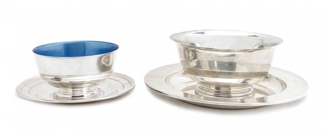 A Group of American Silver Table Articles, Diameter of: A Group of American Silver Table Articles, including a Towle bowl with blue enamel interior, a sterling bowl, Randahl P, and a John Coburn reproduction charger. Diameter of largest 13 1/4 inches.