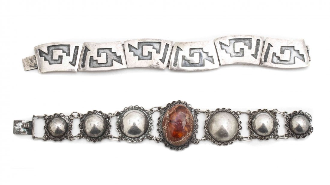 Two Mexican Silver Link Bracelets, Length of longest 7: Two Mexican Silver Link Bracelets, one with amber. Length of longest 7 7/8 inches.