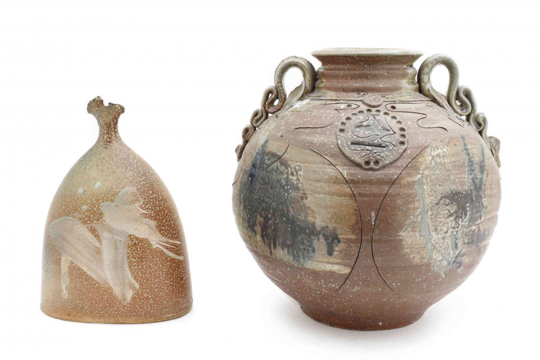 Two American Studio Ceramic Articles, Don Reitz (b.: Two American Studio Ceramic Articles, Don Reitz (b. 1929), comprising a bell shaped object and a large double-handled vase, first signed to base. Height of taller 12 3/4 inches.