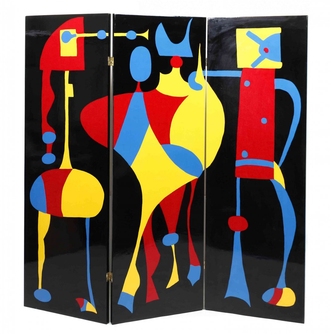 A Vintage Painted Room Screen, Bruce Campbell, Height: A Vintage Painted Room Screen, Bruce Campbell, one side having stylized figural decoration and the other having geometric ribbons. Height 72 x width 73 inches.