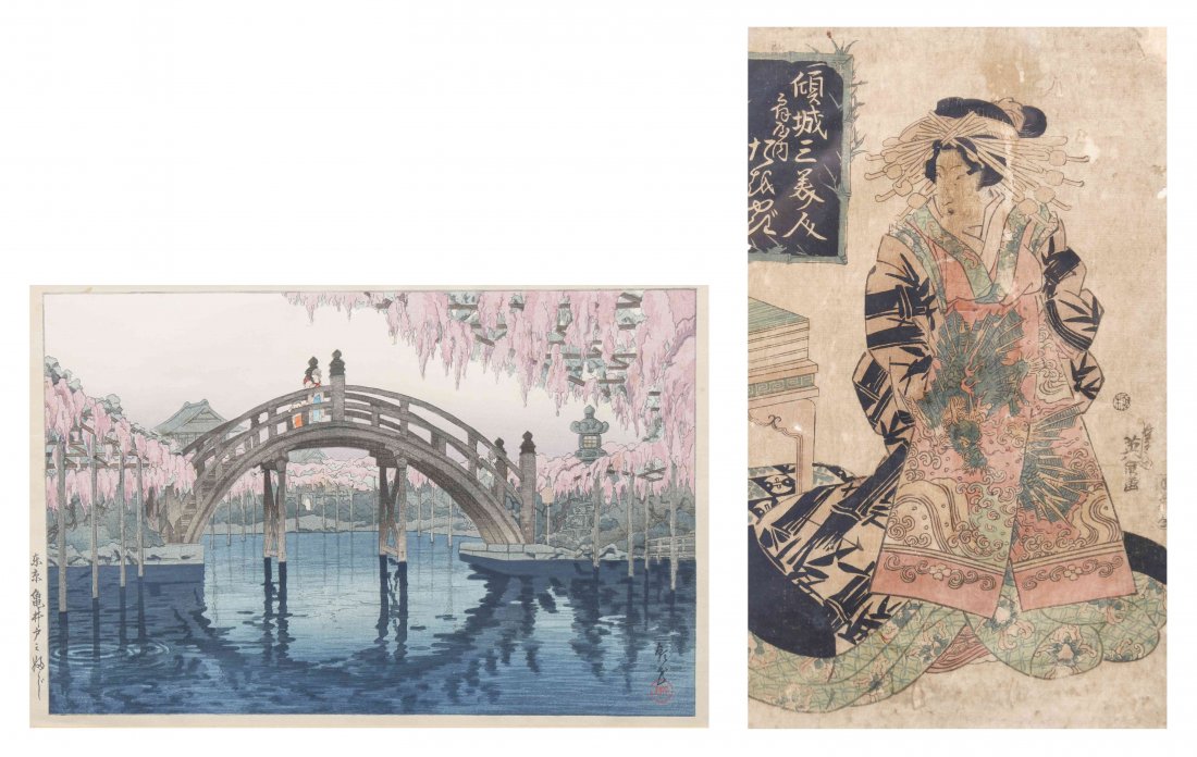 Two Japanese Woodblock Prints, Height of larger 9 1/2 x: Two Japanese Woodblock Prints, one depicting a geisha, by Keisai Eisen (1790-1848), with another example. Height of larger 9 1/2 x width 14 1/4 inches. Property from the Collection of Lisa Robbins, Mi