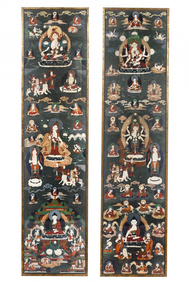 Two Sino-Tibetan Buddhist Paintings, Height of each 74: Two Sino-Tibetan Buddhist Paintings, each depicting a composition of deities and lamas, framed. Height of each 74 x 17 1/4 inches. Property from the Collection of Lisa Robbins, Milwaukee, Wisconsin