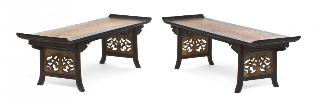 A Pair of Diminutive Altar Table-Form Wood Stands,: A Pair of Diminutive Altar Table-Form Wood Stands, each of traditional form with a rectangular top and pierce carved panels. Width 13 1/4 inches.