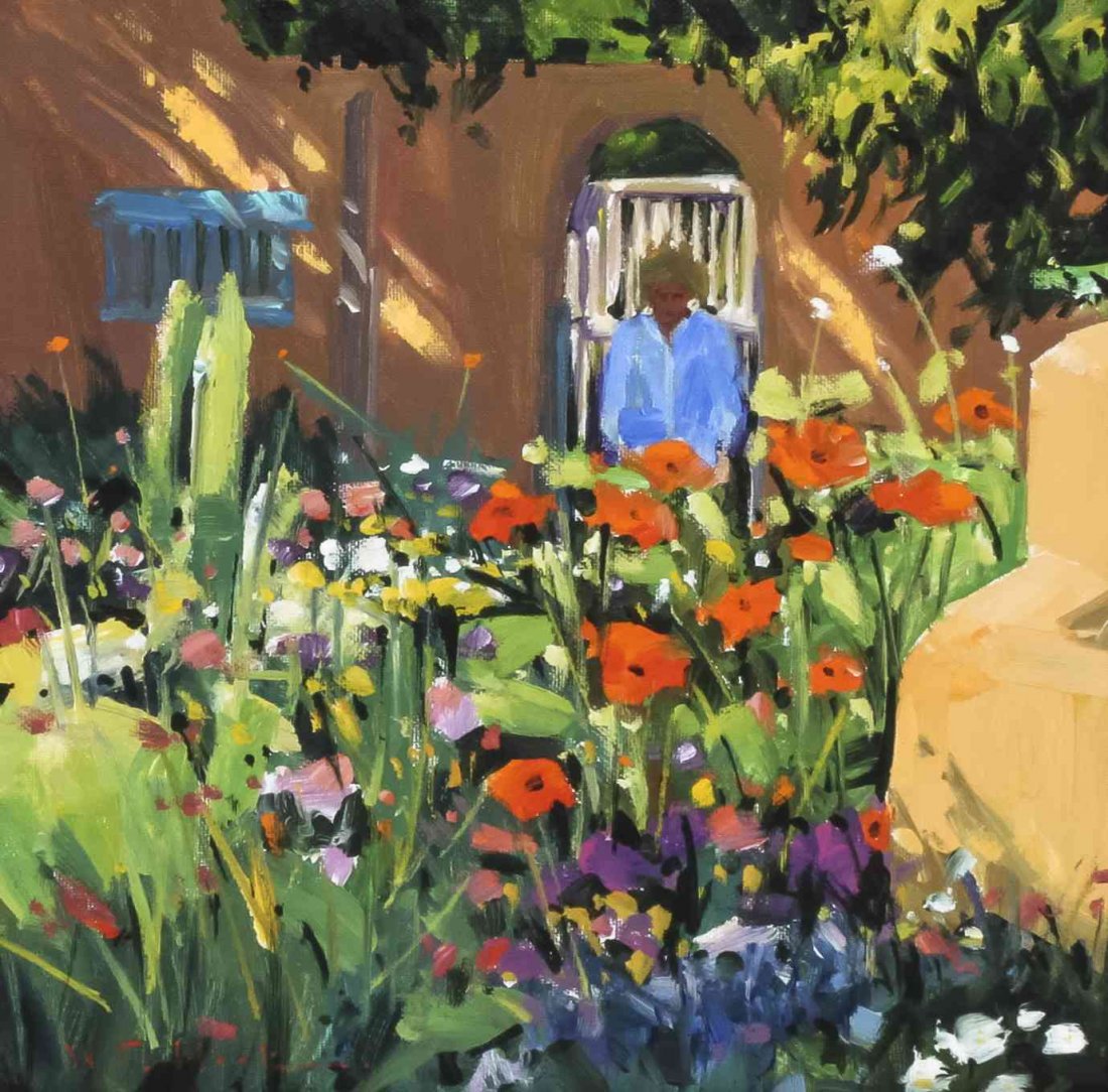 William Cather Hook, (American, b. 1948), Courtyard: William Cather Hook (American, b. 1948) Courtyard Garden acrylic on board signed Wm C. Hook (lower left) 11 1/2 x 11 1/2 inches. Provenance: Carson Gallery, Denver, Colorado