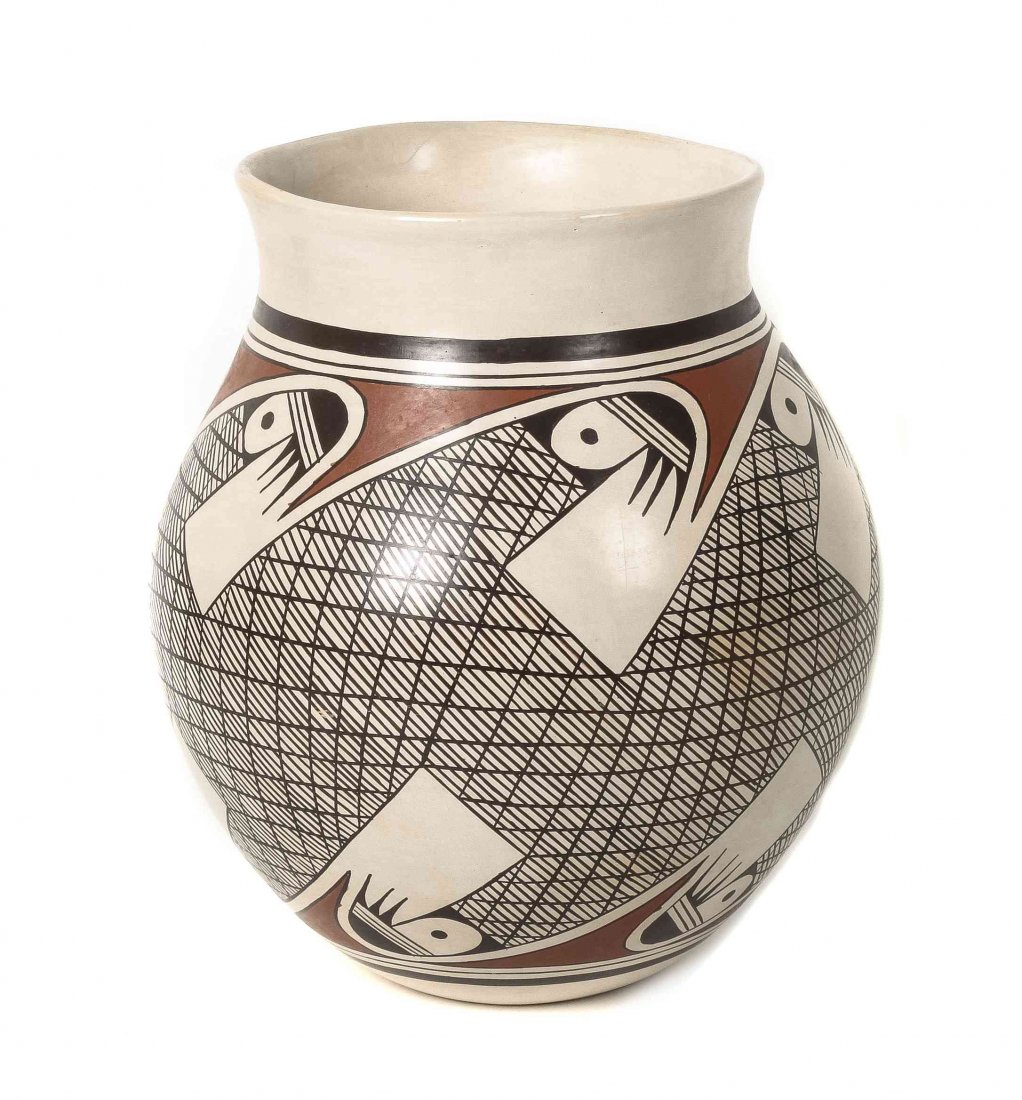 A Hopi Polychrome Fine Line Decorated Jar, Helen Naha,: A Hopi Polychrome Fine Line Decorated Jar, Helen Naha, having reciprocal parrot design opposing a fine line filled ground on white slip, signed with the feather symbol for Feather Woman. Height 9 1/2 