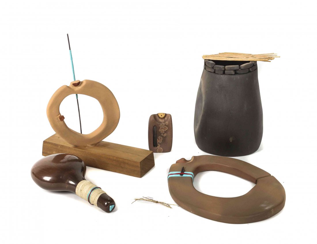 Five Santa Clara Pottery Items, Nora Naranjo-Morse,: Five Santa Clara Pottery Items, Nora Naranjo-Morse, comprising various sculptural items and ceramic rattle. Height of largest 12 x width 9 inches. Property from the Estate of Betty Whiting, Highlands