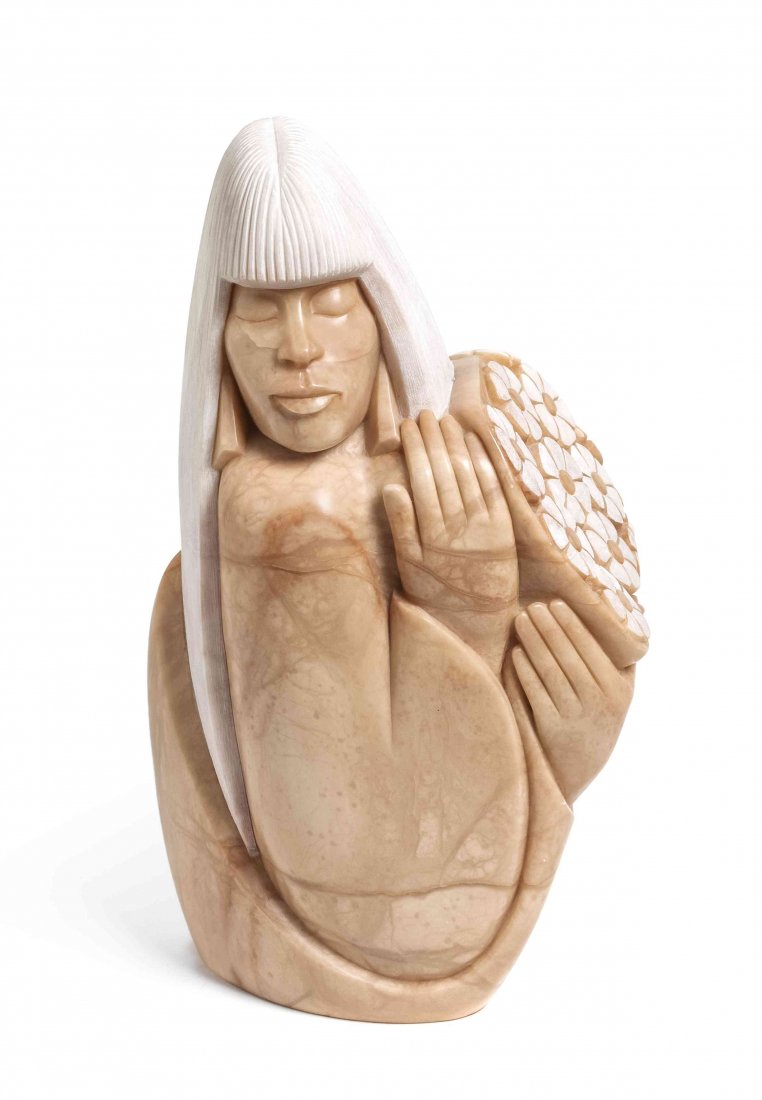 J. Kinder Hollis, (American, 20th century), Girl with: J. Kinder Hollis (American, 20th century) Girl with Flowers, 1994 alabaster signed J. Kinder Hollis and dated Height 18 1/2 x width 11 1/4 x depth 7 inches. Property from the Collecti