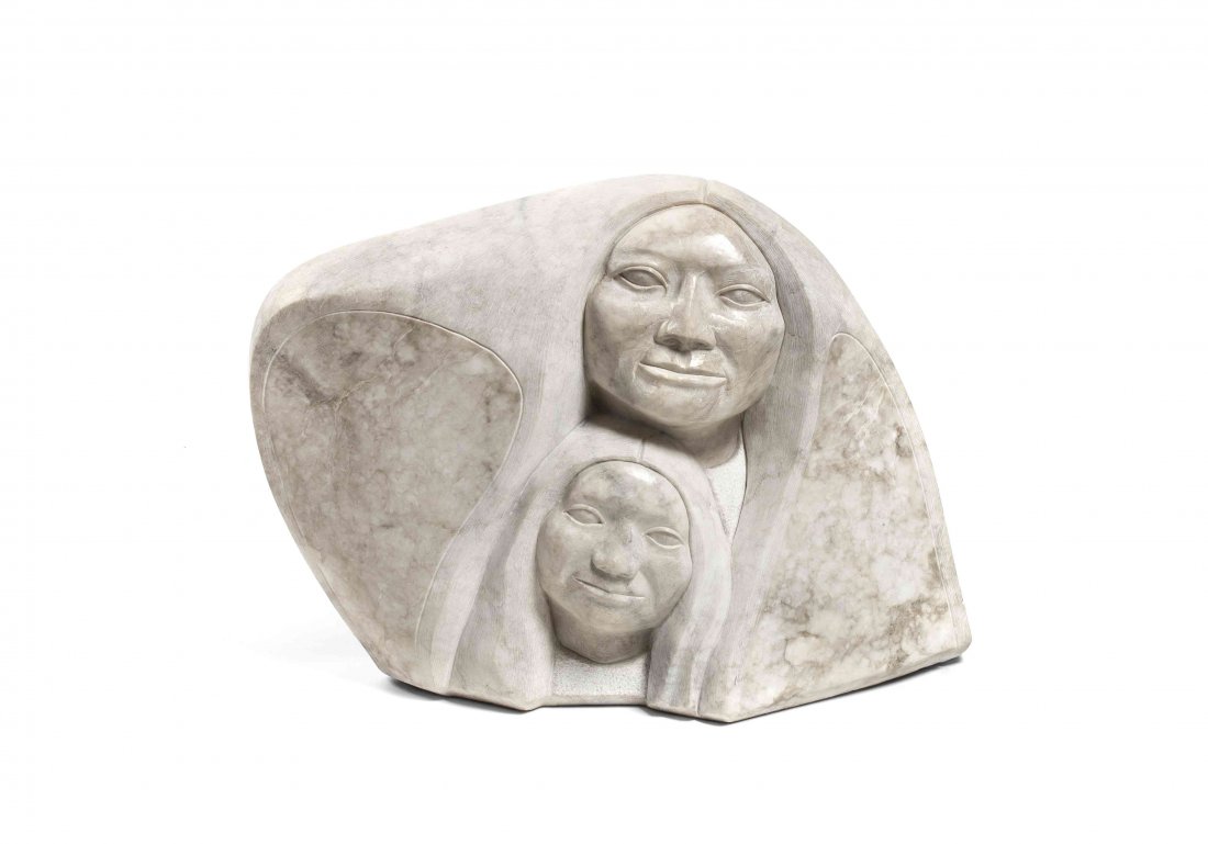 Clifford Fragua, (American, b. 1955), Mother and Moon: Clifford Fragua (American, b. 1955) Mother and Moon Face, 1989 alabaster signed C. Fragua and dated (lower right) Height 15 1/4 X width 21 x depth 8 inches. Property from the Collecti