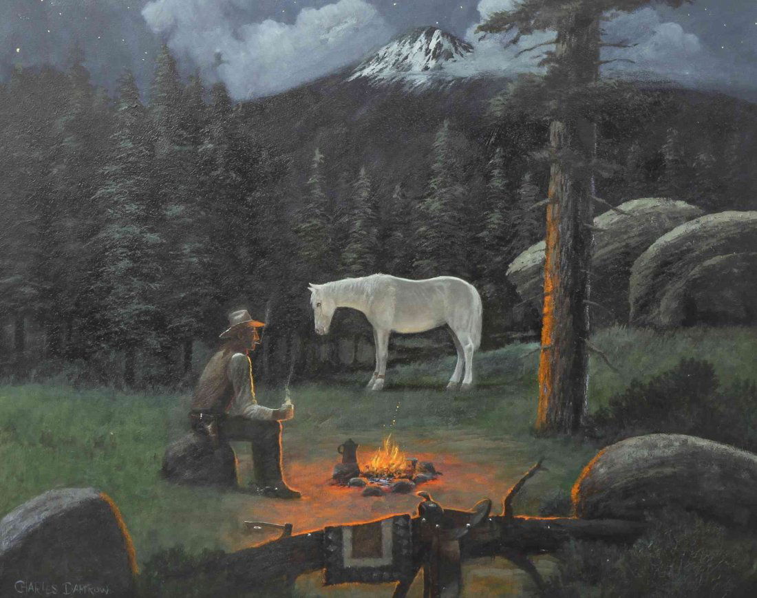 Charles Damrow, (American, 1916-1989), Evening Camp: Charles Damrow (American, 1916-1989) Evening Camp Fire oil on panel signed Charles Damrow (lower left) 23 1/2 x 29 3/4 inches.