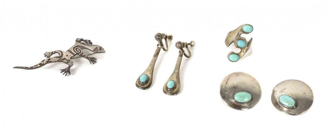 Four Southwestern Silver and Turquoise Items,: Four Southwestern Silver and Turquoise Items, a ring, two pairs of earrings, and a lizard motif brooch.