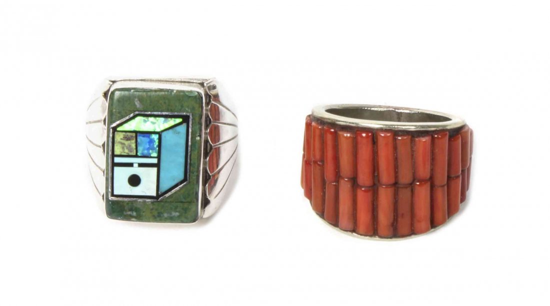 Two Southwestern Style Silver Rings,: Two Southwestern Style Silver Rings, including one having an optical design cube with a sun face in abalone and mother of pearl on a turquoise background, stamped with opposing B.B. for Benjamin Becen