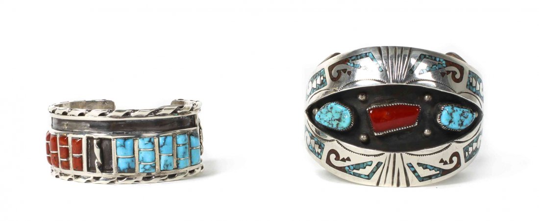 Two Navajo Silver, Coral and Turquoise Bracelets,: Two Navajo Silver, Coral and Turquoise Bracelets, including a shadow box cuff with chip inlay designs surrounding a shadow box reserve with two turquoise stones flanking a piece of branch coral, stamp