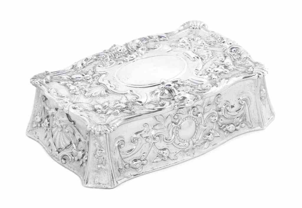 An American Silver Stamp Box, Gorham Mfg. Co.,: An American Silver Stamp Box, Gorham Mfg. Co., Providence, RI, 1900, rectangular, the sides and hinged cover chased with strapwork, floral swags, grotesque masks and shells, the gilt interior with thr