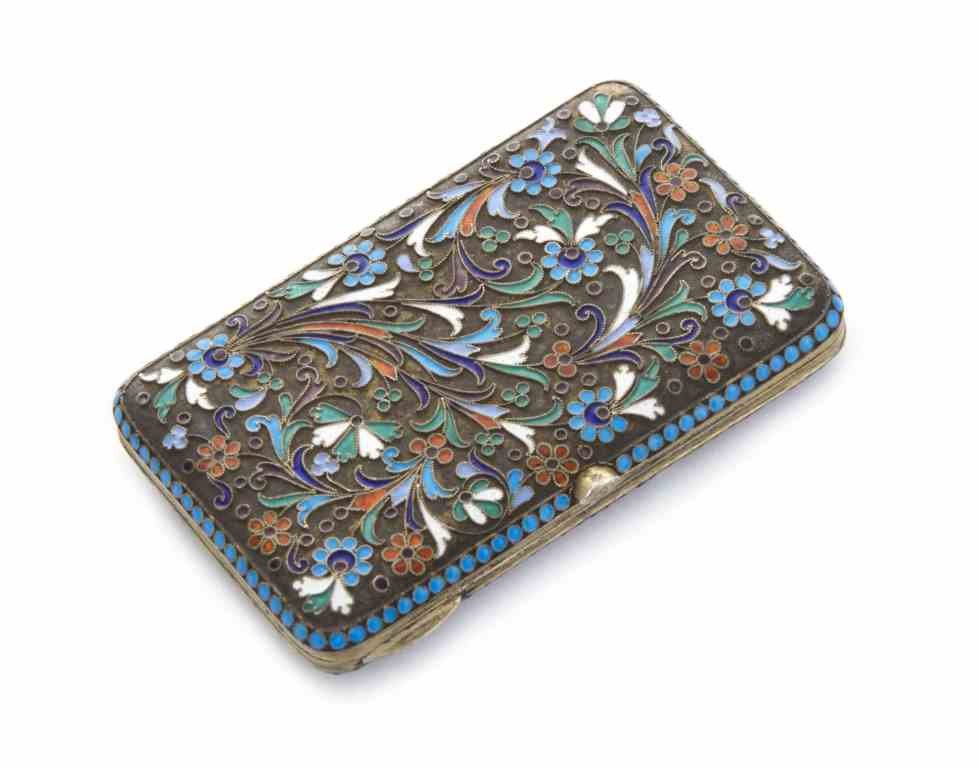 A Russian Silver-Gilt and Enamel Cigarette Case, Circa: A Russian Silver-Gilt and Enamel Cigarette Case, Circa 1900, rounded rectangular, enameled with polychrome flowers and foliage within turquoise beaded borders, both sides with Cyrillic maker's mark II