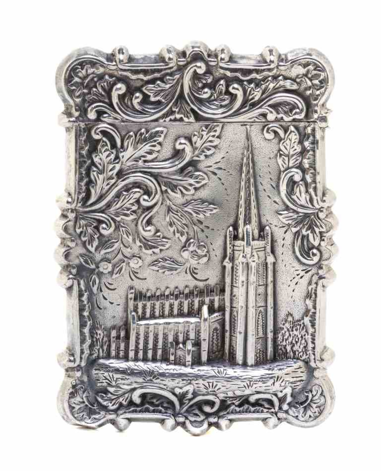 An American Silver Card Case, Attributed to Lewis and: An American Silver Card Case, Attributed to Lewis and Wilson, Philadelphia, Mid 19th Century, shaped rectangular, one side embossed and chased with Trinity Church in lower Manhattan, the opposite side