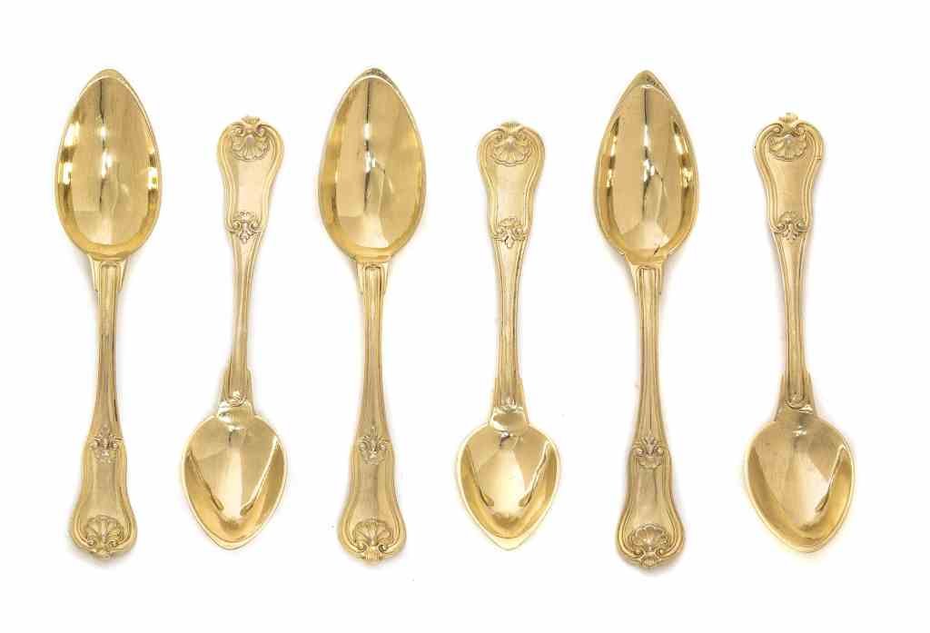 A Set of Six French Silver-Gilt Teaspoons, Paris,: A Set of Six French Silver-Gilt Teaspoons, Paris, Hourglass pattern, two by Christofle, four with maker's mark EE a scale between and bee below; 5 ozt 2dwt.