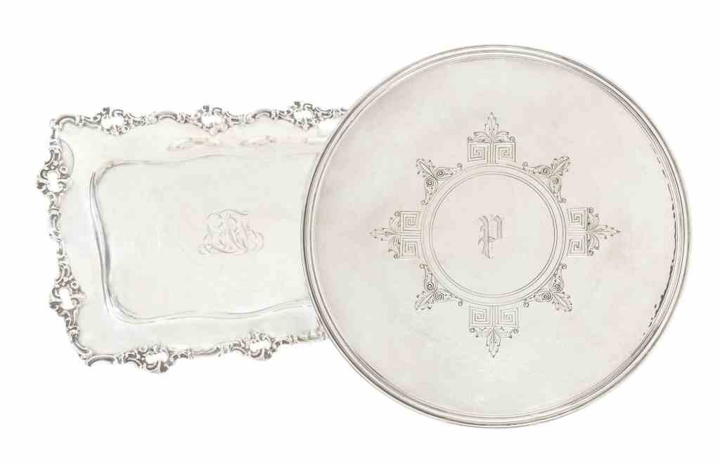 Two American Silver Trays, Gorham Mfg. Co., Providence,: Two American Silver Trays, Gorham Mfg. Co., Providence, RI, Circa 1865, 1919, the first circular with reeded border, flat-chased with Greek key, foliage and initial P, raised on a short foot; the seco