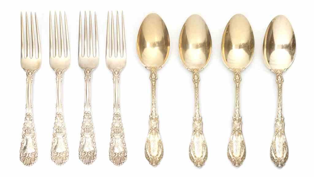 Twelve American Silver-Gilt Dinner Forks and Twelve: Twelve American Silver-Gilt Dinner Forks and Twelve Desert Spoons, the forks Renaissance pattern, monogramed AVS, Dominick & Haff, New York, circa 1895, the spoons Paris pattern, monogramed ASR, Gorha