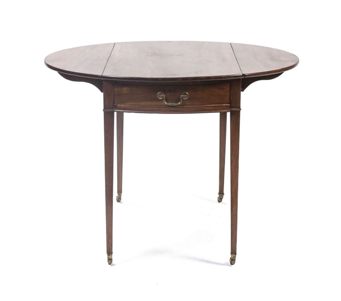 A Georgian Style Mahogany Drop-Leaf Table, Height 28: A Georgian Style Mahogany Drop-Leaf Table, having a rectangular top with rounded ends over a single drawer over the D-shape leaves, raised on square tapering legs. Height 28 3/4 x width 19 1/4 x depth