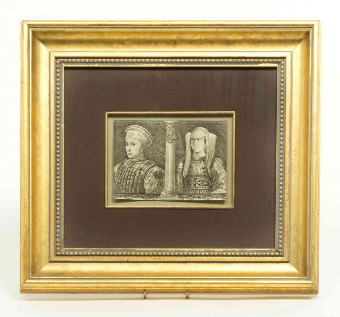 A Continental Engraving, Height overall 14 1/2 x width: A Continental Engraving, depicting a King and Queen in Renaissance attire, framed. Height overall 14 1/2 x width 17 inches.