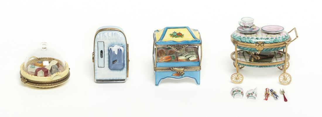 Four Limoges Porcelain Boxes, Height of tallest 2 3/4: Four Limoges Porcelain Boxes, comprising a cheese dome, a produce cart, a refrigerator and a tea cart, each marked. Height of tallest 2 3/4 inches. Property from the Estate of Louis M. and Linda M. By