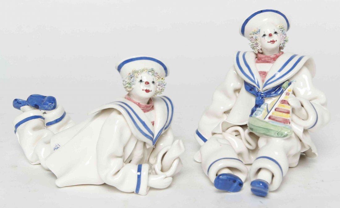 Two Italian Ceramic Figures, Height of tallest 5 1/3: Two Italian Ceramic Figures, comprising two clowns dressed as sailors, marked Made in Italy for Gump's. Height of tallest 5 1/3 inches. Property from the Estate of Louis M. and Linda M. Byron, Tucson,