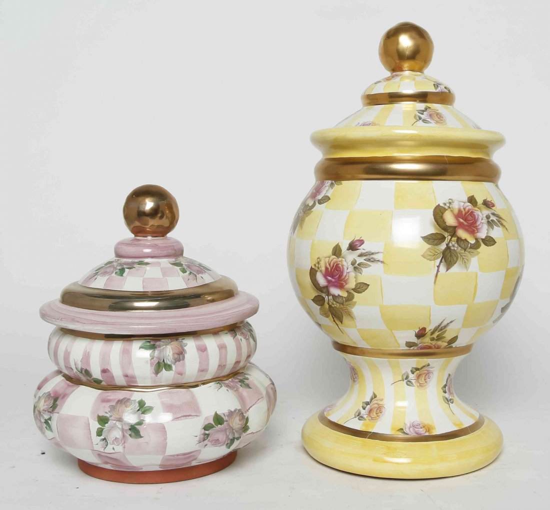 Two Mackenzie Childs Lidded Vases, Height of tallest 14: Two Mackenzie Childs Lidded Vases, each with polychrome decoration. Height of tallest 14 1/2 inches. Property from the Estate of Louis M. and Linda M. Byron, Tucson, Arizona