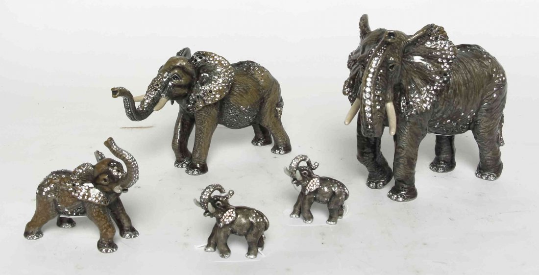 Five Jay Strongwater Figural Elephants, Height of: Five Jay Strongwater Figural Elephants, having crystal decoration throughout. Height of tallest 6 inches. Property from the Estate of Louis M. and Linda M. Byron, Tucson, Arizona