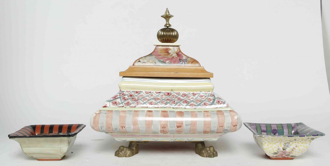 A Mackenzie Childs Lidded Box, Height of first 15 x: A Mackenzie Childs Lidded Box, together with two porcelain bowls. Height of first 15 x width 13 inches. Property from the Estate of Louis M. and Linda M. Byron, Tucson, Arizona