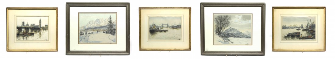 Five Decorative Prints, Hans Figura, Height of largest: Five Decorative Prints, Hans Figura, pertaining to architecture and landscapes, signed and framed. Height of largest 10 x width 12 3/4 inches.