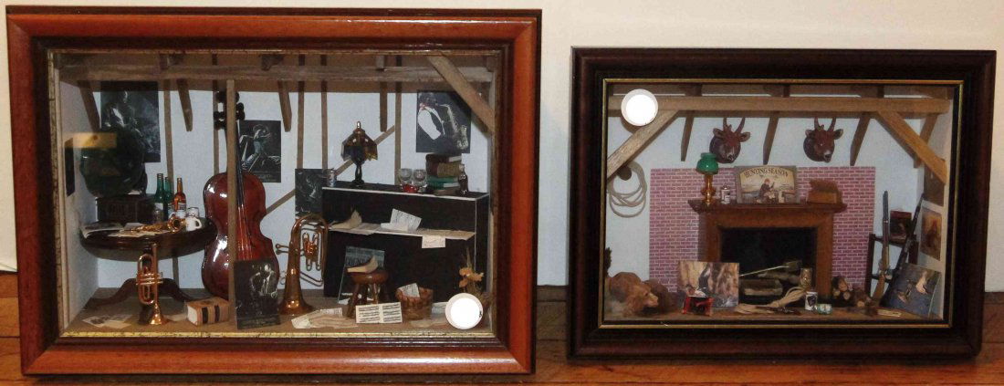 Two Miniature Dioramas, Width of widest 18 inches.: Two Miniature Dioramas, comprising a hunting lodge and a music studio. Width of widest 18 inches. Property from the Collection of a Lady, Oak Brook, Illinois