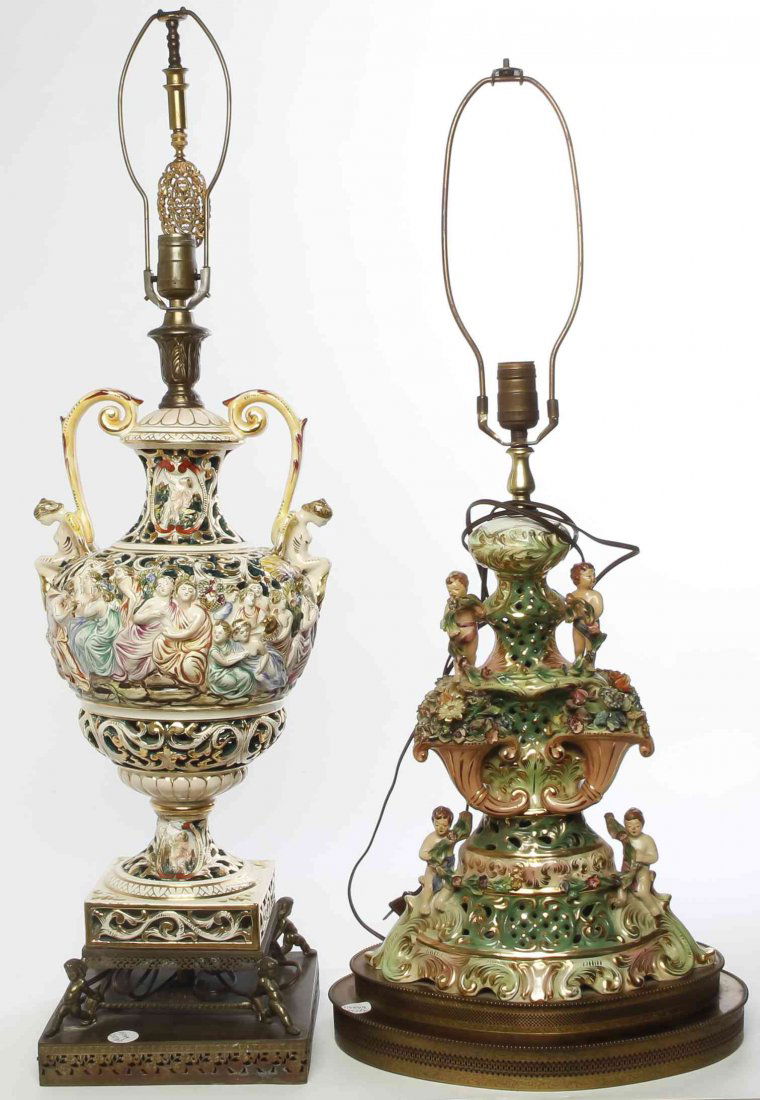 Two Capodimonte Porcelain Lamps, Height of tallest vase