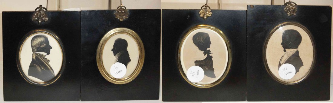 Four Silhouettes, Largest 3 1/2 x 2 3/4 inches.: Four Silhouettes, 19th century, each of oval form depicting a gentleman, set in ebonized frames. Largest 3 1/2 x 2 3/4 inches. Property from the Collection of Dan Johnson, Chicago, Illinois