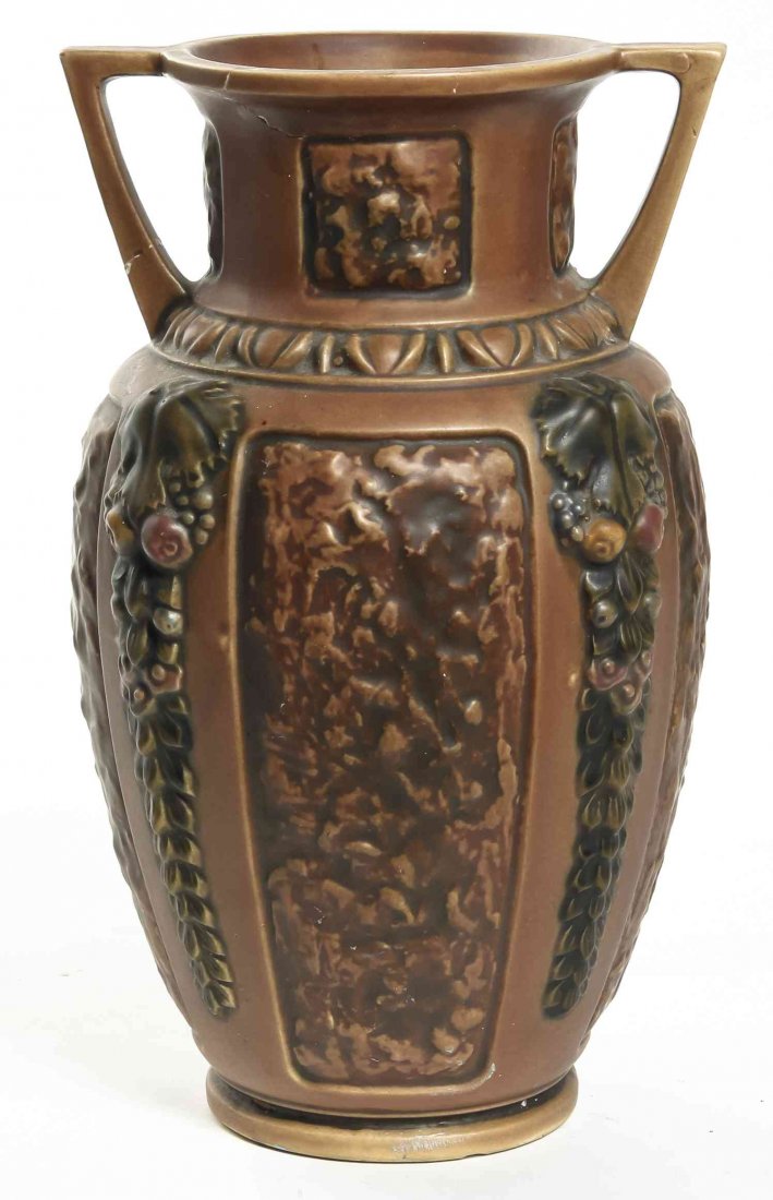A Roseville Pottery Vase, Height 12 1/2 inches.: A Roseville Pottery Vase, of handled baluster form. Height 12 1/2 inches. Property from the Collection of Dan Johnson, Chicago, Illinois