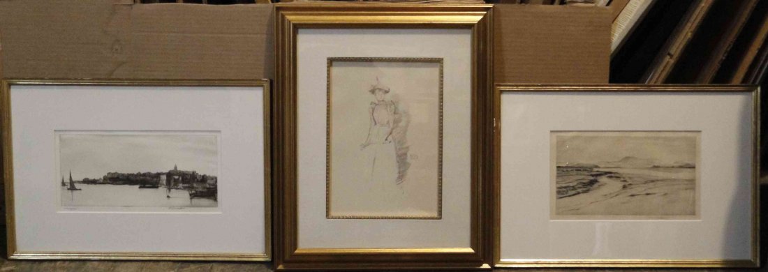 Three Continental Engravings, Height of first 5 3/4 x: Three Continental Engravings, comprising a cityscape, a shoreline and a portrait of a woman. Height of first 5 3/4 x width 11 1/2 inches. Property from the Collection of Dan Johnson, Chicago, Illinois